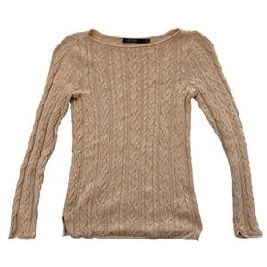 Lauren Ralph Lauren Tan Beige Cotton Cable Knit Boat Neck Sweater Womens Small